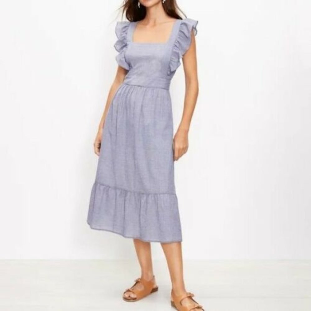 Ann Taylor LOFT Checked Ruffle Cutout Back Midi Dress - Size 12 - Nautical Navy